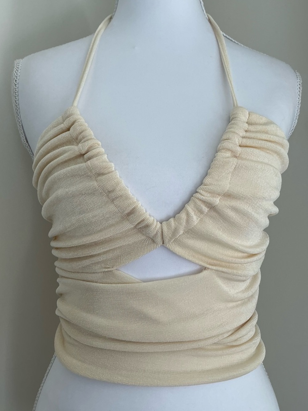 Cotton Candy - Cream Ruched Halter Cutout Crop Top